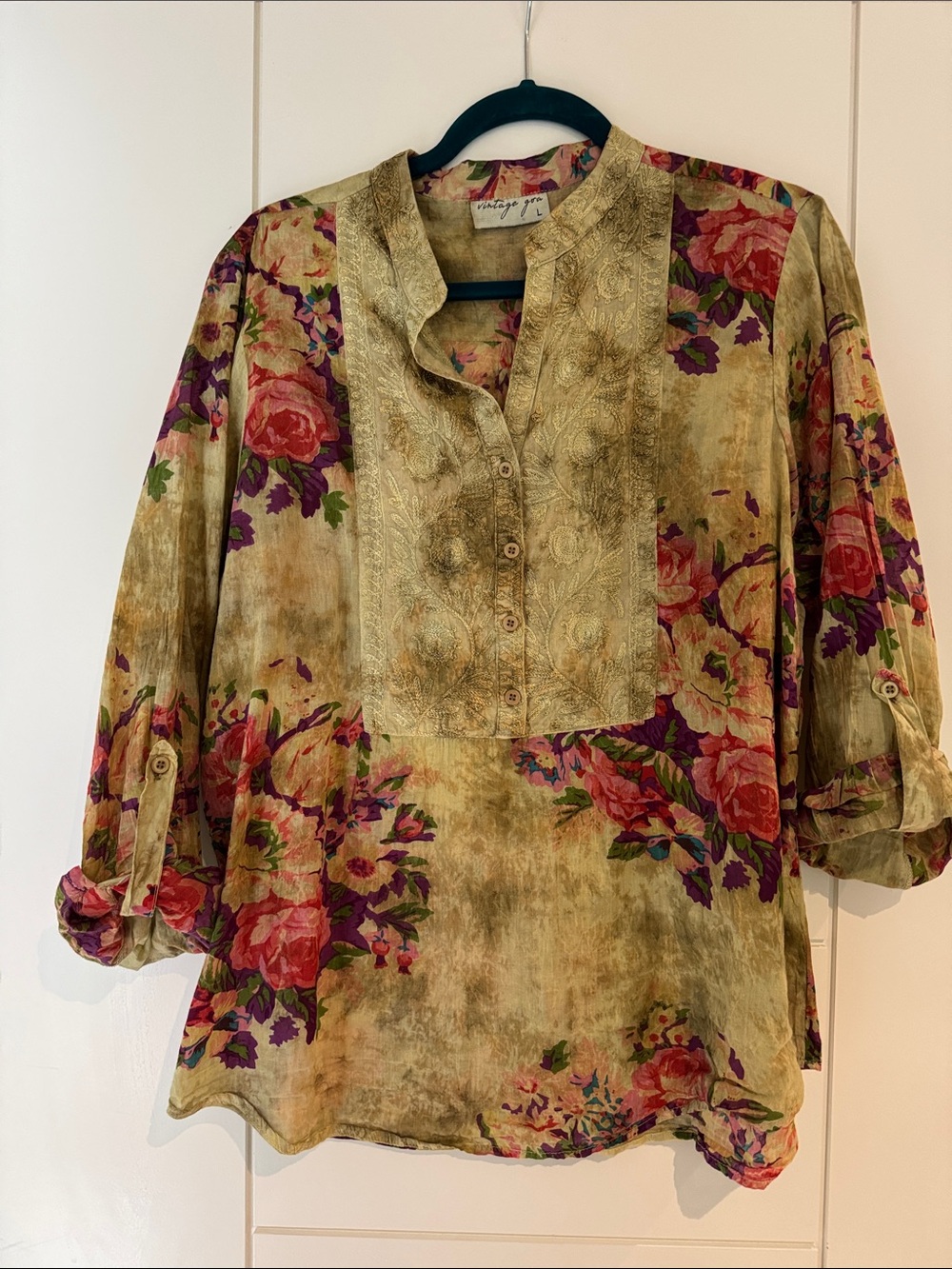 Vintage-Inspired Olive Floral Buttoned Tunic with Pink & Purple Roses